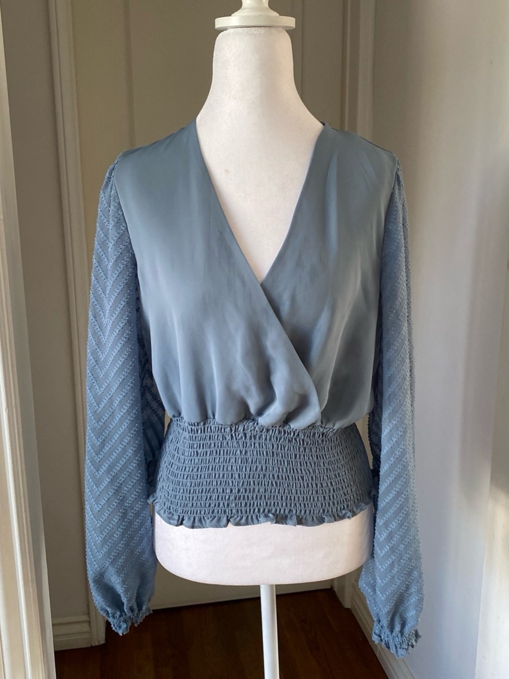 Laundry By Shelli Segal Dusty Blue Smocked Waist V-Neck Blouse
